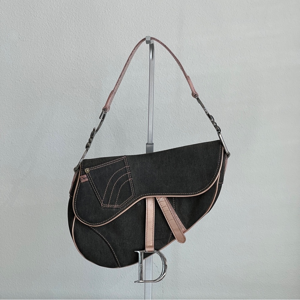 Vintage Dior Denim Saddle Bag with Pink Patent Leather Trim